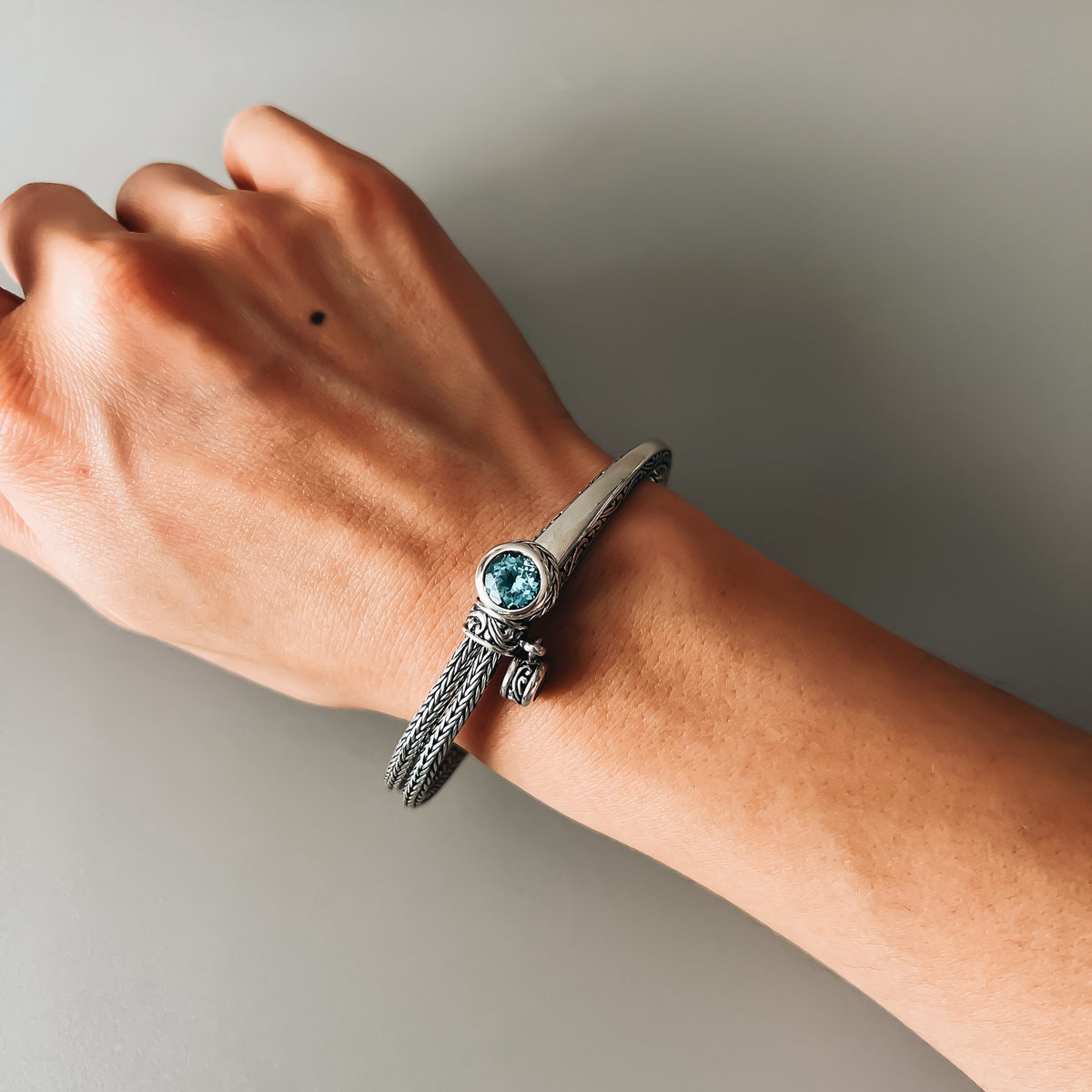 Altessa Gemstone Bracelet, blue topaz, worn - Ryan Christian