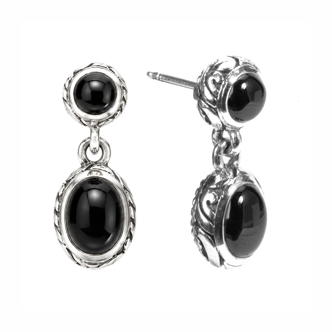 Kin Onyx Earrings, profile showing the pattern hand carved on the side of each setting and the post - Ryan Christian