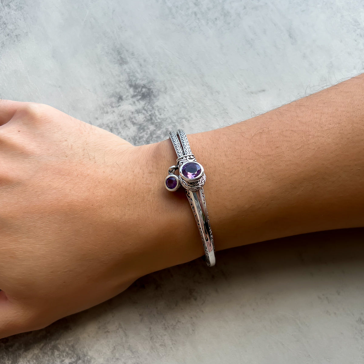 Altessa Gemstone Bracelet, amethyst, worn - Ryan Christian