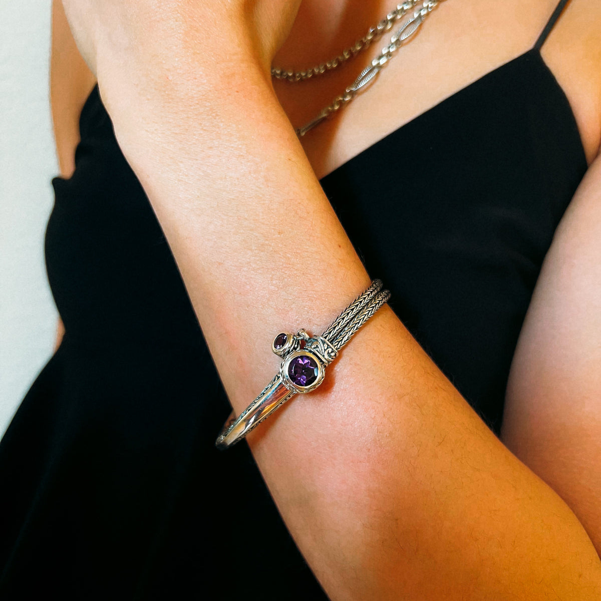 Altessa Gemstone Bracelet, amethyst, styled - Ryan Christian